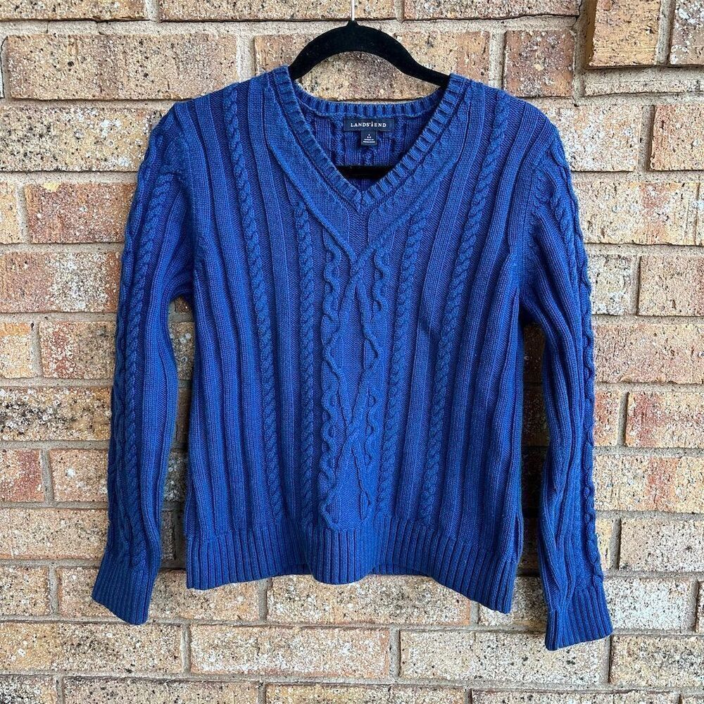 Lands' End Women's V-Neck Cable Knit Sweater Blue Size S Pullover